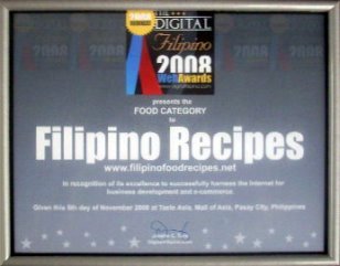 The award plaque given to the Filipino Recipes website